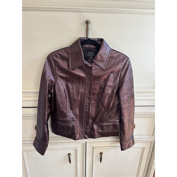 David Meister Brown Metallic Genuine Leather Women's Jacket Zip Up Size 6 - Picture 1 of 9